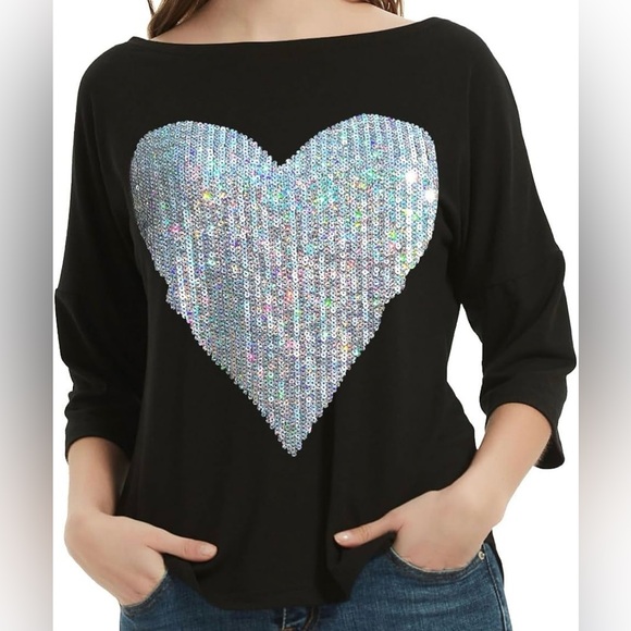 Black Sequin Heart Women's Top - Picture 2 of 3
